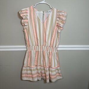 Vineyard Vines Striped V Neck Ruffle‎ Sleeve Smocked Dress XL Sand Coral Cotton